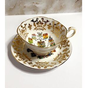 Vintage Canada Coat of Arms Cup & Saucer Gold Trim Fine Bone China Collectible